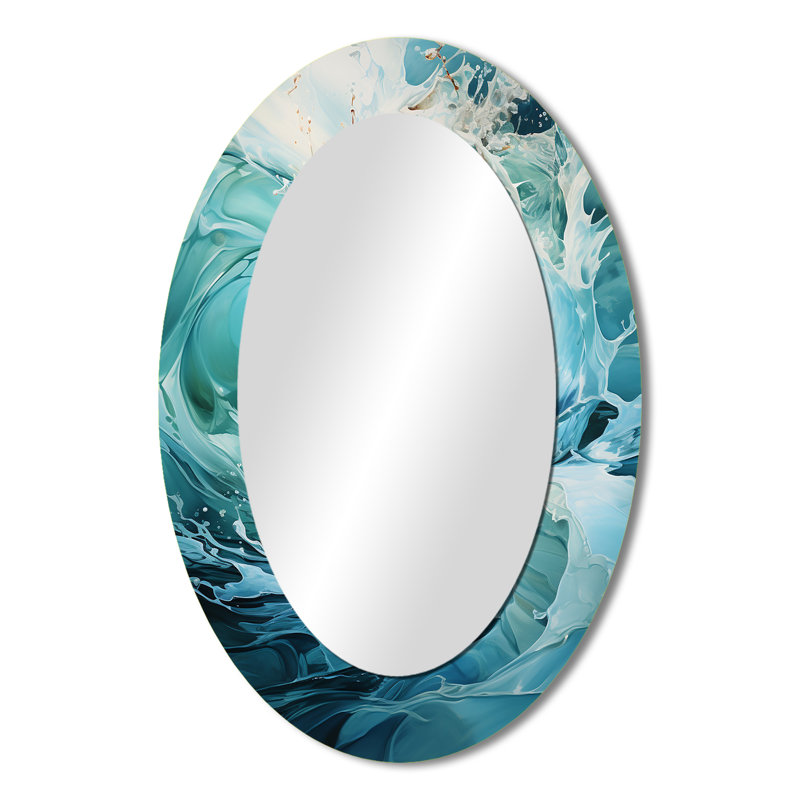 Turquoise bleu et blanc Serenity Swirl - Miroir décoratif ovale abstrait sur métal, 36 po x 24 po