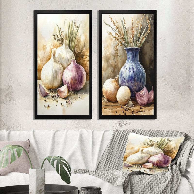 Ensemble de 2 décorations murales pour la cuisine : Ail et Oignon, 40" H x 40" W, Black Picture Framed