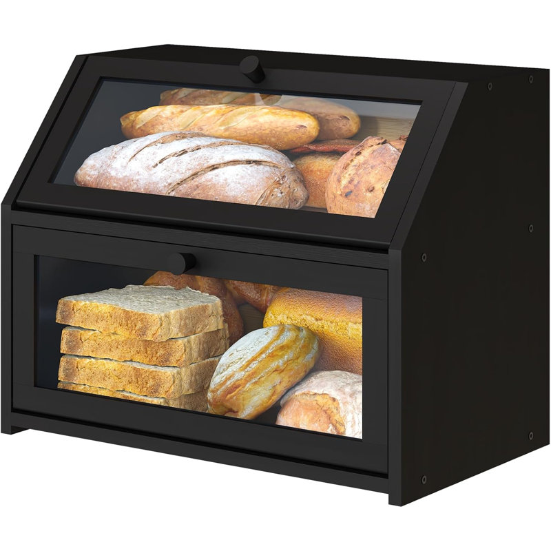 Black Bamboo Double Layer Bread Storage Box with Acrylic Panels