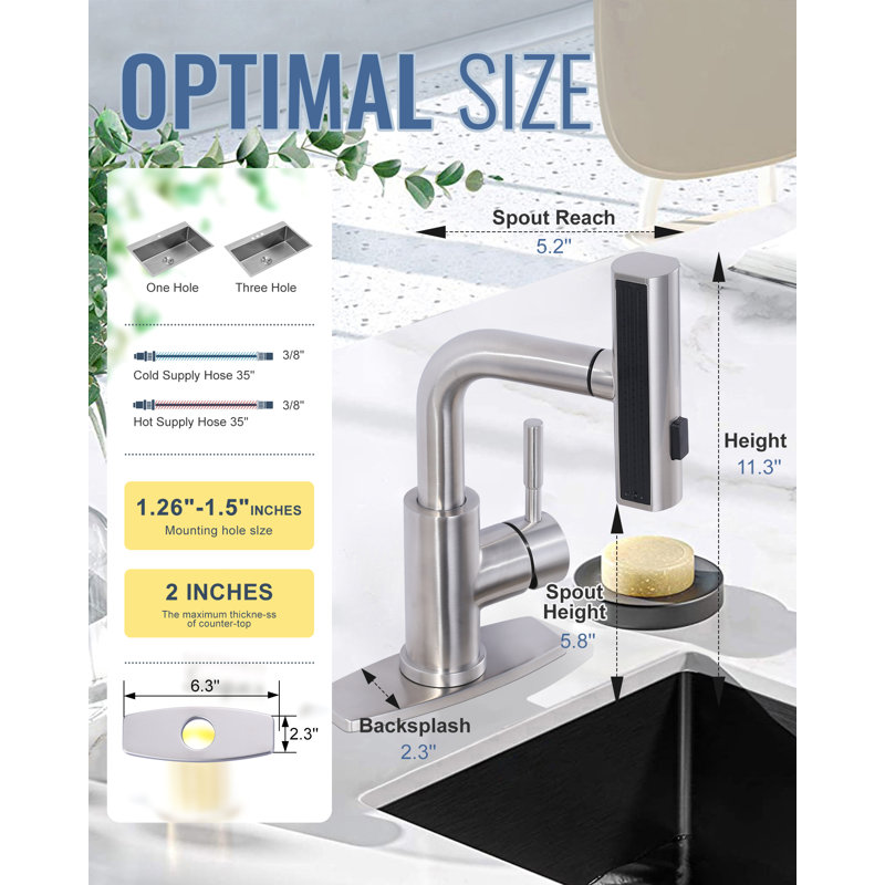 Single Handle Pull Out Kitchen Faucet With Unique 90° Swivel Sprayer Head In Three Function Modes, Brushed Nickel