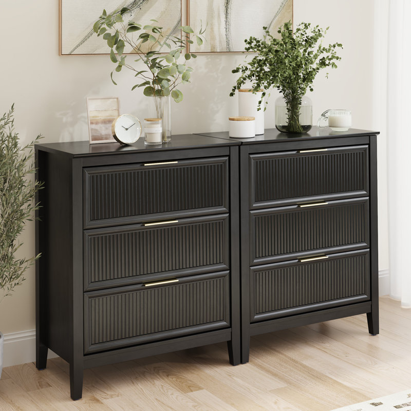 Fluted 3 Drawer Dresser - Set Of 2, Bedroom And Living Room Furniture, Onyx Birch