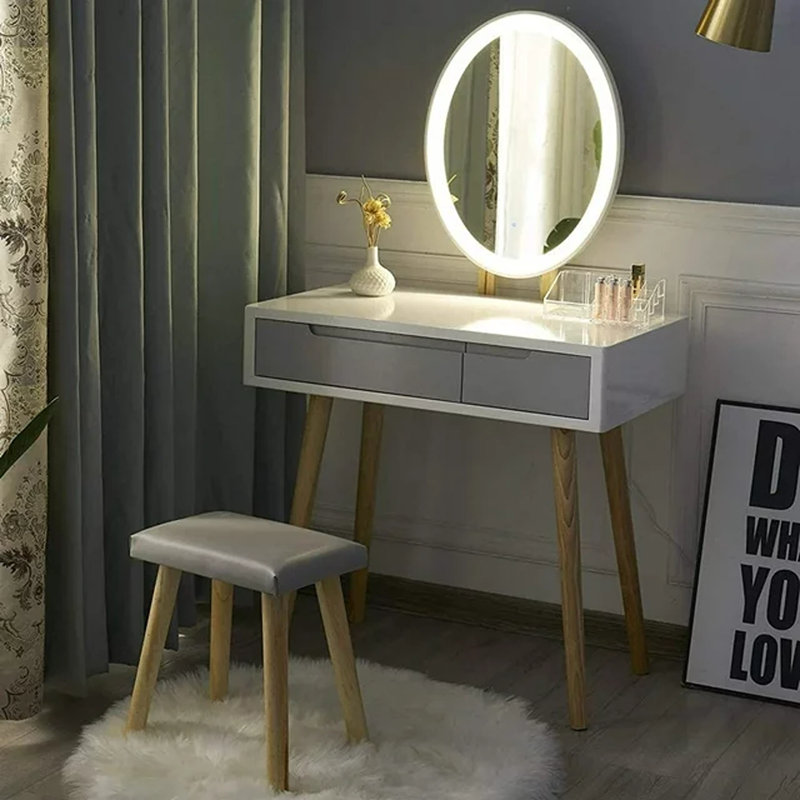Angeligue Vanity Table Set with Adjustable Brightness Mirror and Cushioned Stool, Gray