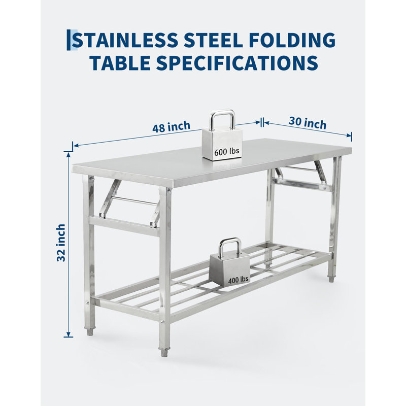 Table de travail commerciale pliante en acier inoxydable avec tablette ， 48 x 30 pouces Table de travail portative pour la cuisine,