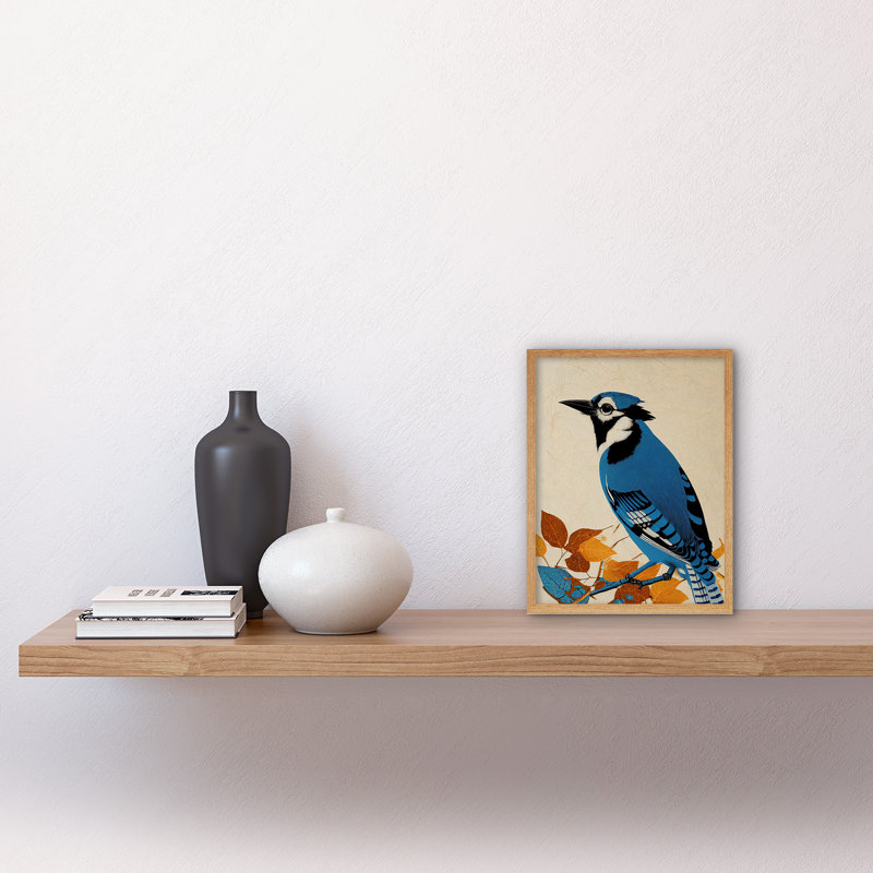 Blue Jay Textured Autumn Bird - Print, Light Brown Framed Paper, 25.9cm H x 20.6cm W