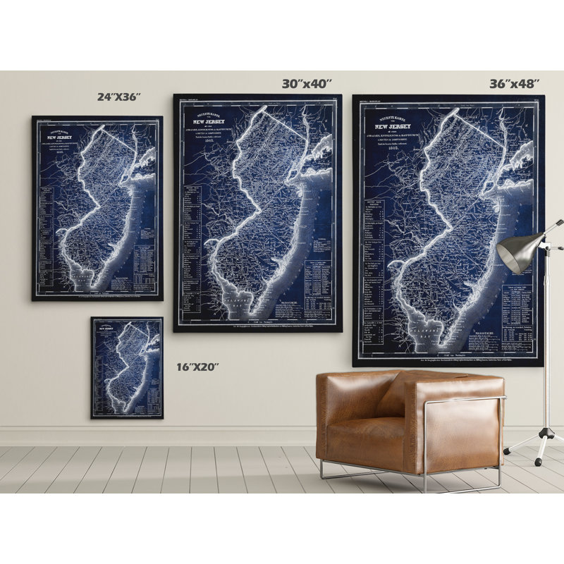 «Vintage Map New Jersey Blue», reproduction d'impression sur toile, H 24 po x l 32 po x P 1,5 po