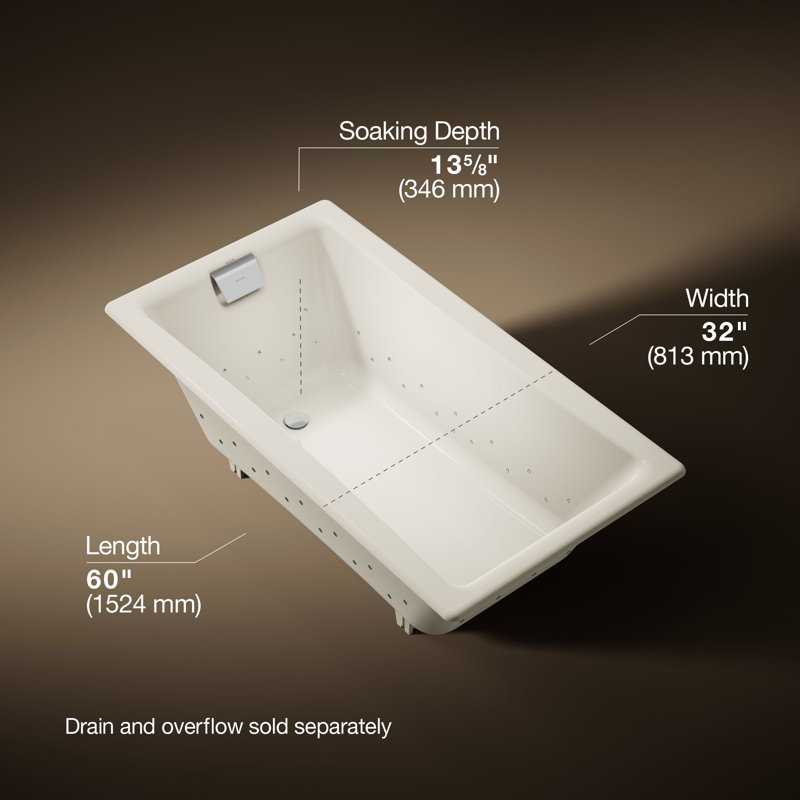 Tea-for-Two 60" x 32" Drop In Whirlpool Porcelain Enameled Cast Iron Bathtub with Heater, Biscuit, Biscuit