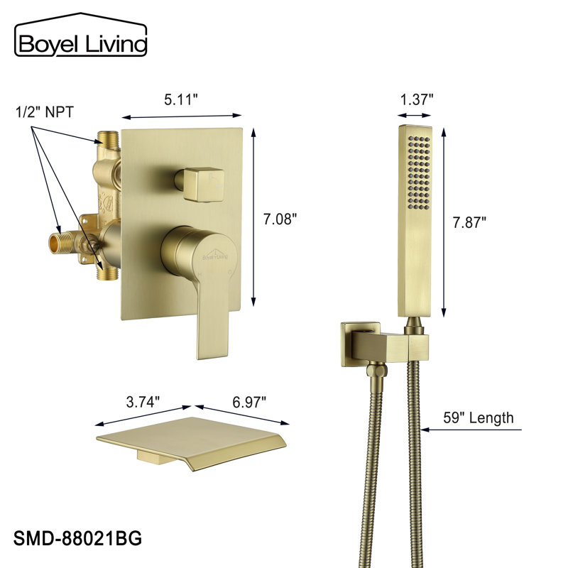 1 Handle Wall Roman Tub Faucet with Diverter, Brush Gold