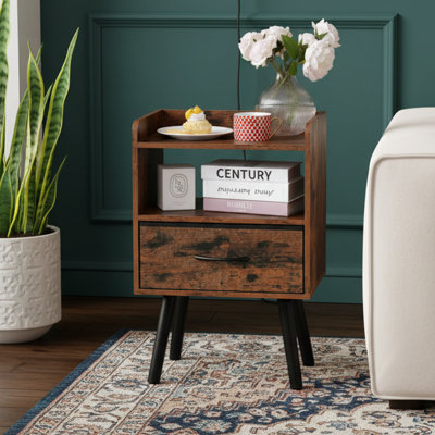 Table de chevet Mid-Century 15,75 po - Structure en bois, tiroir et tablette ouverte
