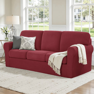 Non‑Slip Multiple Pieces Stretch Couch Covers,Soft Jacquard Washable Sofa Slipcovers, Universal Fit Furniture Protector for Daily Use with Pets & Kids (Sofa,Wine)