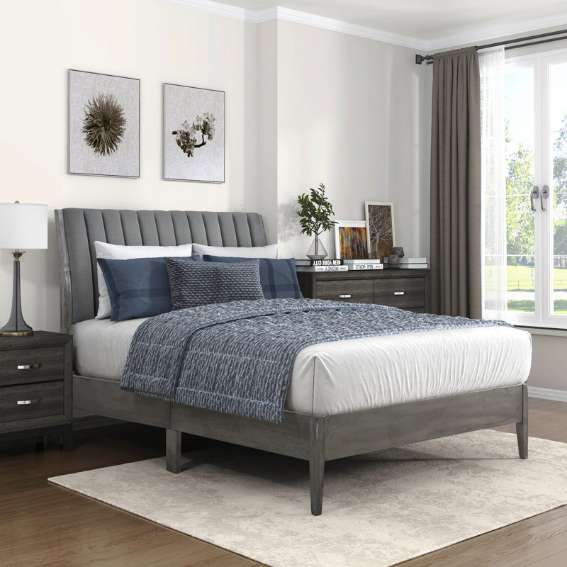 Modern Style Queen Platform Bed 1Pc Velvet Upholstered Headboard Grey Finish Solid Wood Legs Bedroom Furniture Bed In A Box