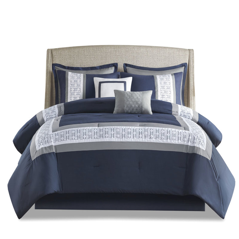 Édredon grand bleu marine - édredon brodé rembourré de literie 8 pièces, taies décoratives, coussins décoratifs Euro 2 Design élégant pour chambre à coucher Broderie lavable à la machine avec style hôtel et décoration facile à coordonner