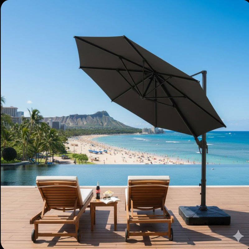 Grand parasol de patio en porte-à-faux carré de 10 pi avec rotation à 360 ° et réglage des mésanges et parasol de terrasse robuste à baldaquin en polyester sans base.
