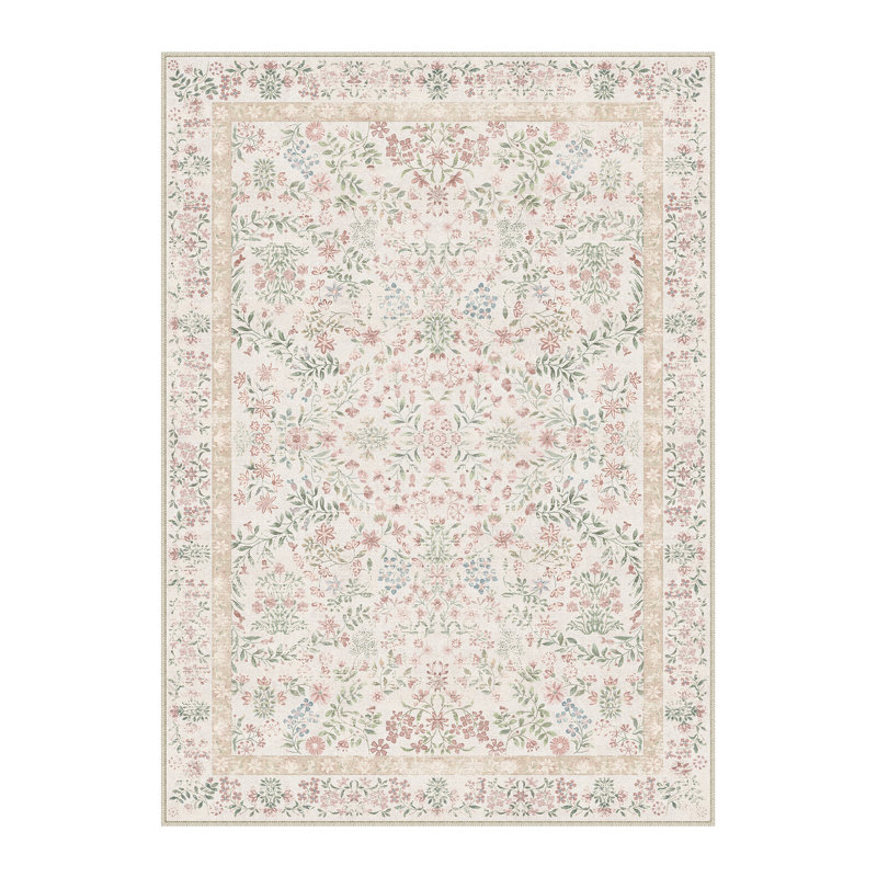 Tapis lavable à motif floral moderne Griffin avec envers antidérapant, Rose/beige, Rectangle 5 pi x 7 pi