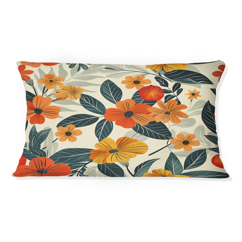 Coussin lombaire fleurs orange et vert Midcentury