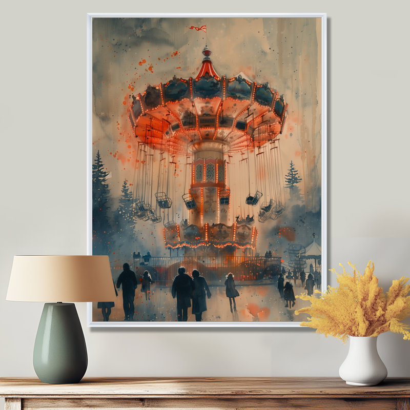 «Vintage Carousel Amusement Parks At Night - Amusement Parks Wall Art, H 24 po x l 32 po, Cadre flottant blanc