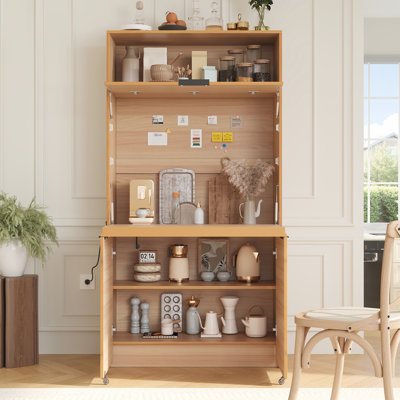 Garde-manger compact, buffet de 69 po de hauteur avec huche et poste de travail pliable, armoire de rangement multifonctionnelle avec tablette réglable et prise de courant pour la salle à manger, le salon, la salle de bain
