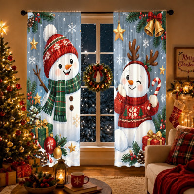 2Pcs Christmas Snowman Curtains, Festive Winter Holiday Window Drapes, Rod Pocket Light Filtering Curtains for Living Room Bedroom Kitchen Home Decor