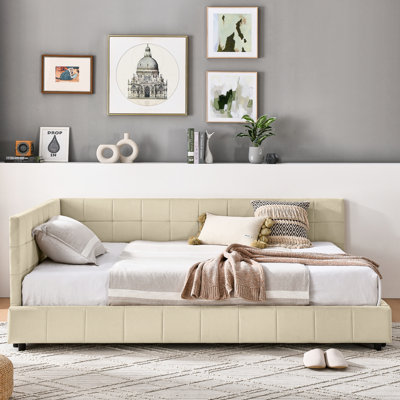 Lit de jour double avec revêtement en velours pour la chambre à coucher et le salon, structure de lit tapissier beige