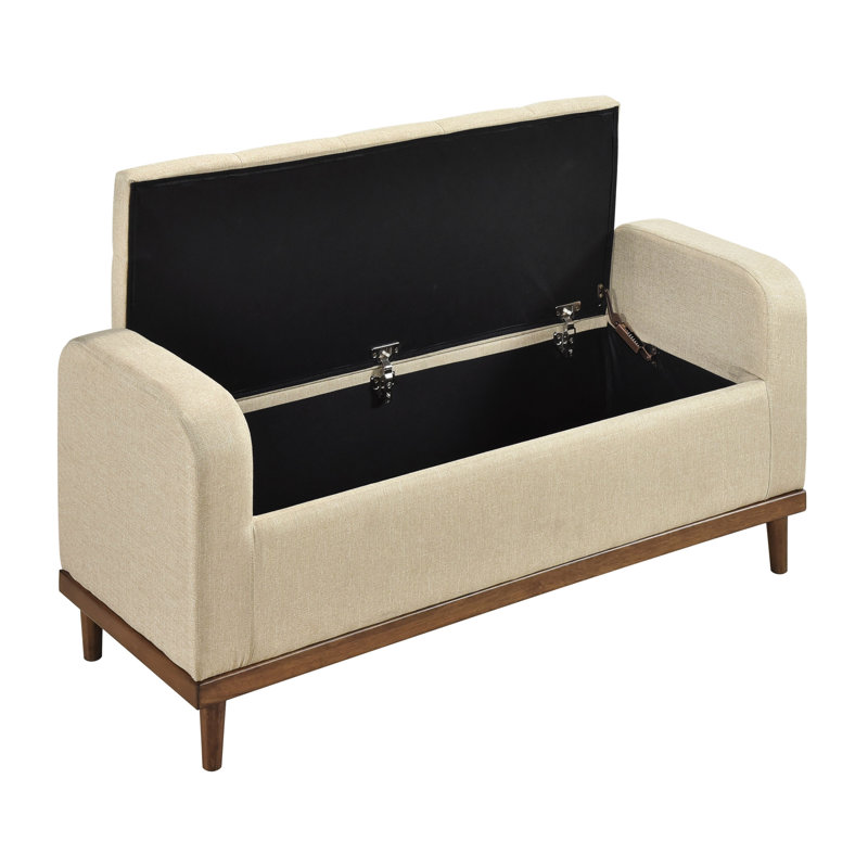 Mid-Century Modern Solid Wood Bedroom Bench, Brown Upholstered, Lift Top Storage Frame, Upholstery, Light Brown