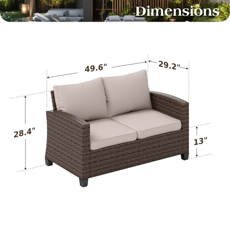 126 cm W Straight Metal and Wicker Loveseat with Cushions, Beige