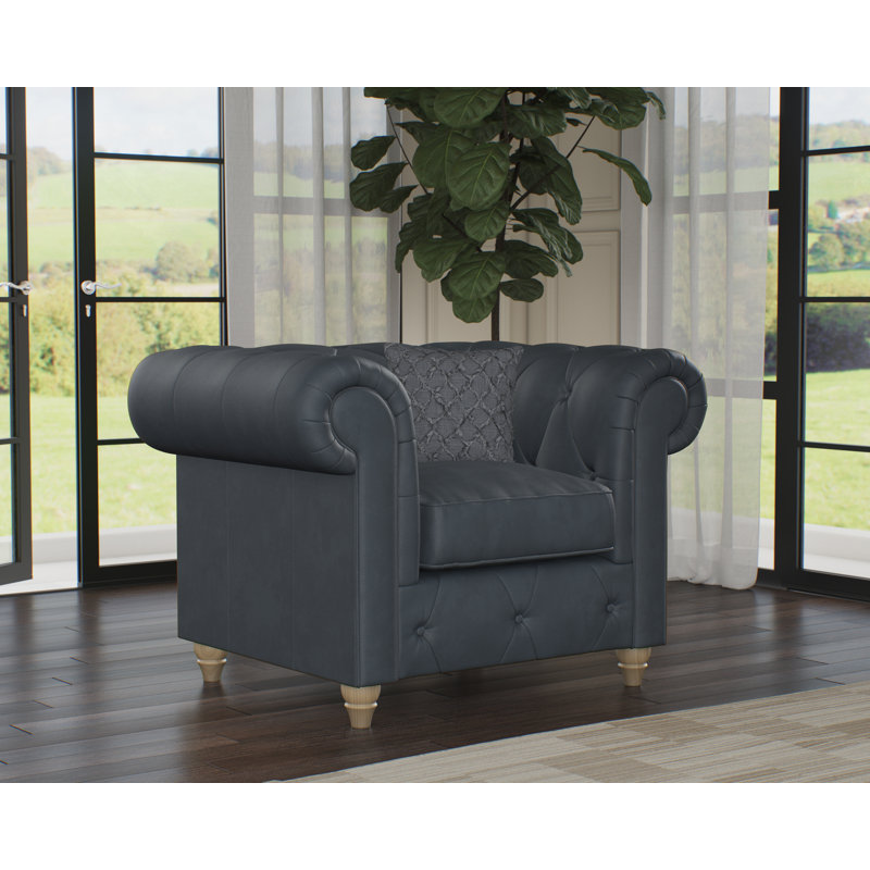Melrose 115Cm Wide Tufted Genuine Leather Armchair, Navy, Walnut