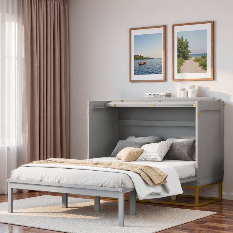 Lit escamotable moderne avec tablette intégrée et base en métal doré, Gray