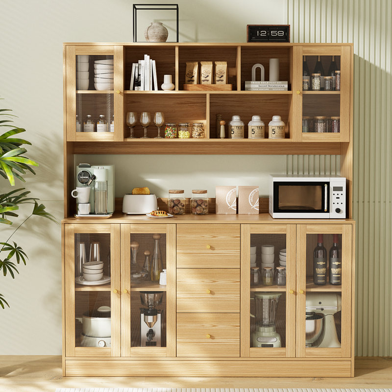 Large Kitchen Hutch Cabinet, Storage Cupboard Pantry With 4 Glass Doors, 4 Drawers & Microwave Shelf, Natural