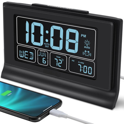 Alarm Clocks For Bedrooms With Battery Backup, Auto Set Digital Clock With Date And Day Of Week, Temperature, USB Port, Auto DST, Dimmer, 12/24H