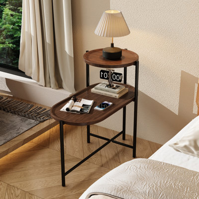 Table de bout moderne en noyer brun avec tablette de rangement spacieuse et base en métal