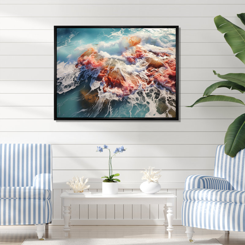 Toile corail, bord de mer, art mural plage, Cadre doré à coins fermés, H 30 po x l 40 po x P 1,5 po