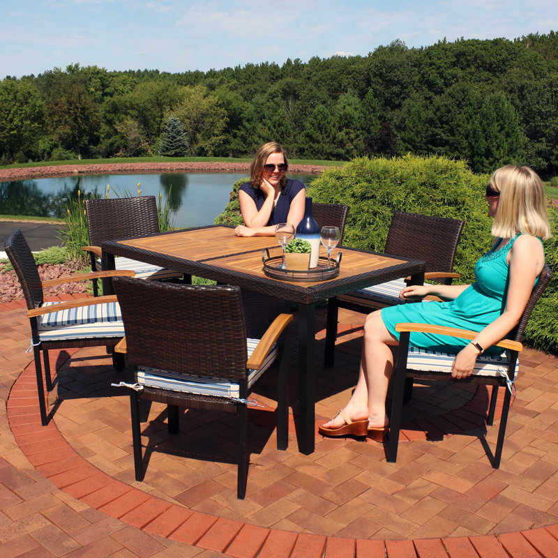 Cayden-Lee 6 - Person Acacia Wicker Patio Dining Set with Rectangular Table , Cushions Included, White/Blue