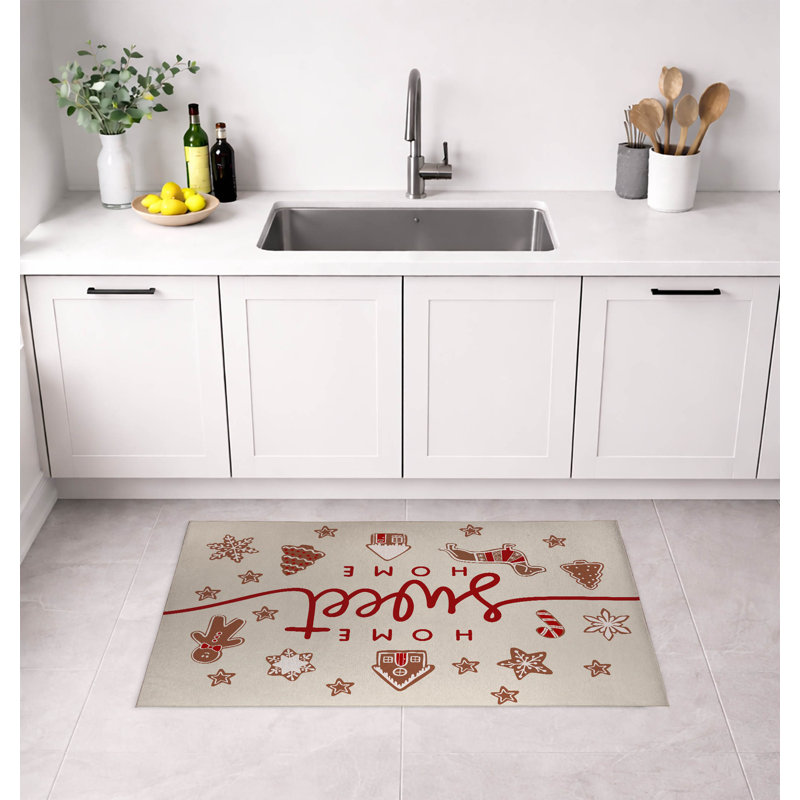 Gingerbread Home Sweet Home Ivory Low Profile Kitchen Mat, Ivory/Red, Rectangle 4' x 6'