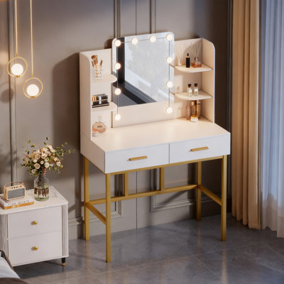 Make up Vanity with Lighted LED Mirror  2 Drawers Makeup Vanity Desk White and Gold