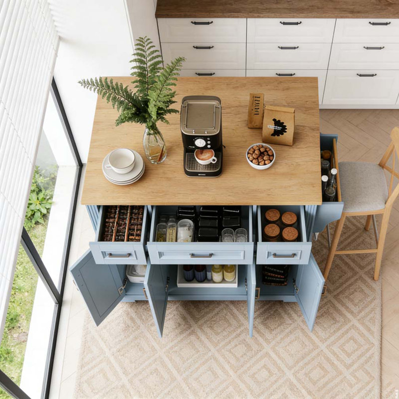 54inch Large Kitchen Island with Rubber Wood Drop Leaf, Embossed Texture Rolling Kitchen Cart on 4 Wheels with 4 Doors and 3 Drawers