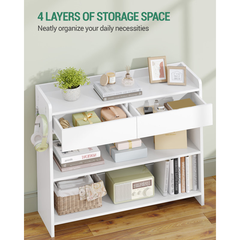 Console Table with Drawers, Hallway Table with 3 Tiers Storage Shelves, Slim Sofa Side Tables with Two Hooks for Entryway Living Room Bedroom 100 x 30 x 80 cm, White 