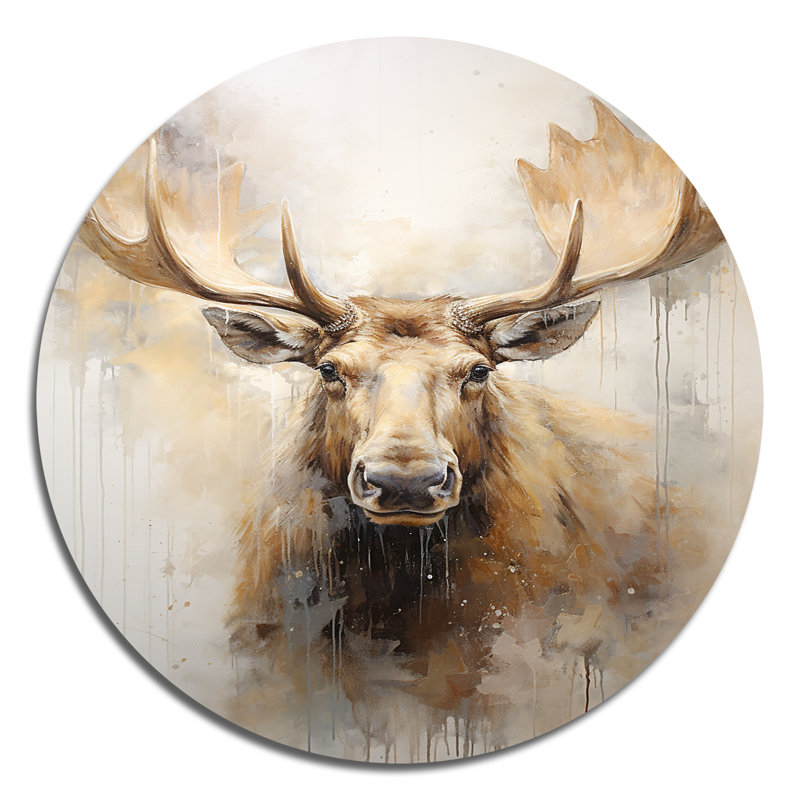 Portrait d'orignal beige et doré - animaux, art en métal rond, H 29 po x l 29 po