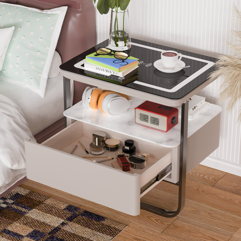 Table de chevet moderne avec verre et granit, chargement sans fil, lumières DEL et lecteur de musique Bluetooth, Beige