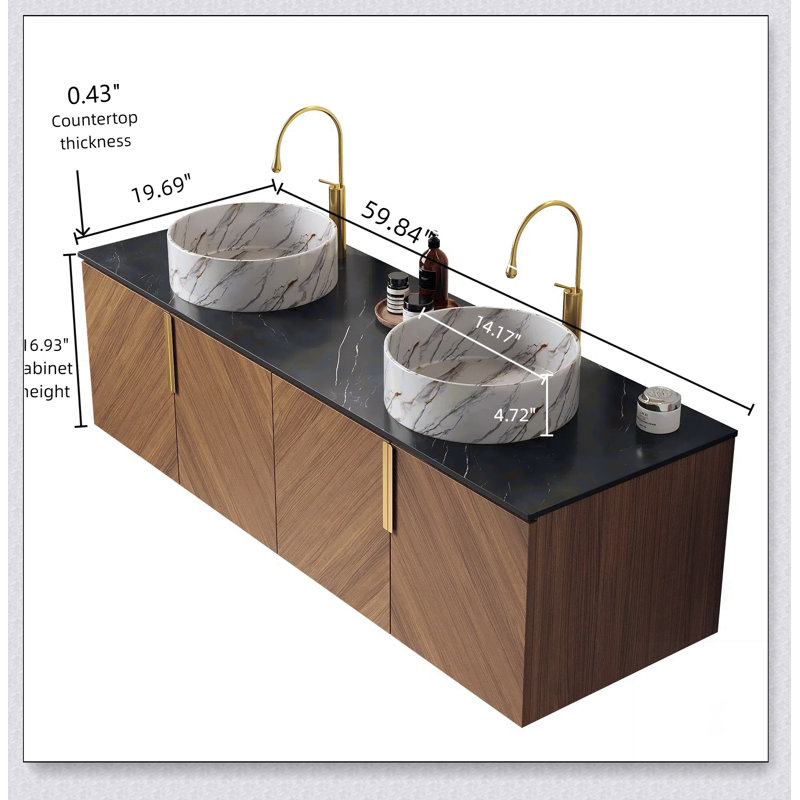 Meuble-lavabo 60 po avec lavabo, armoire de rangement murale moderne en contreplaqué flottant avec 4 portes, comptoir en pierre frittée noire et 2 lavabos ronds blancs en céramique, espresso