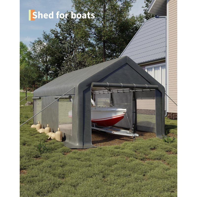 Abri d'auto robuste, toile de polyester imperméable avec portes et fenêtres enroulables, parois latérales amovibles, abri de garage pour voiture, camion, bateau de 12 pi x 20 pi