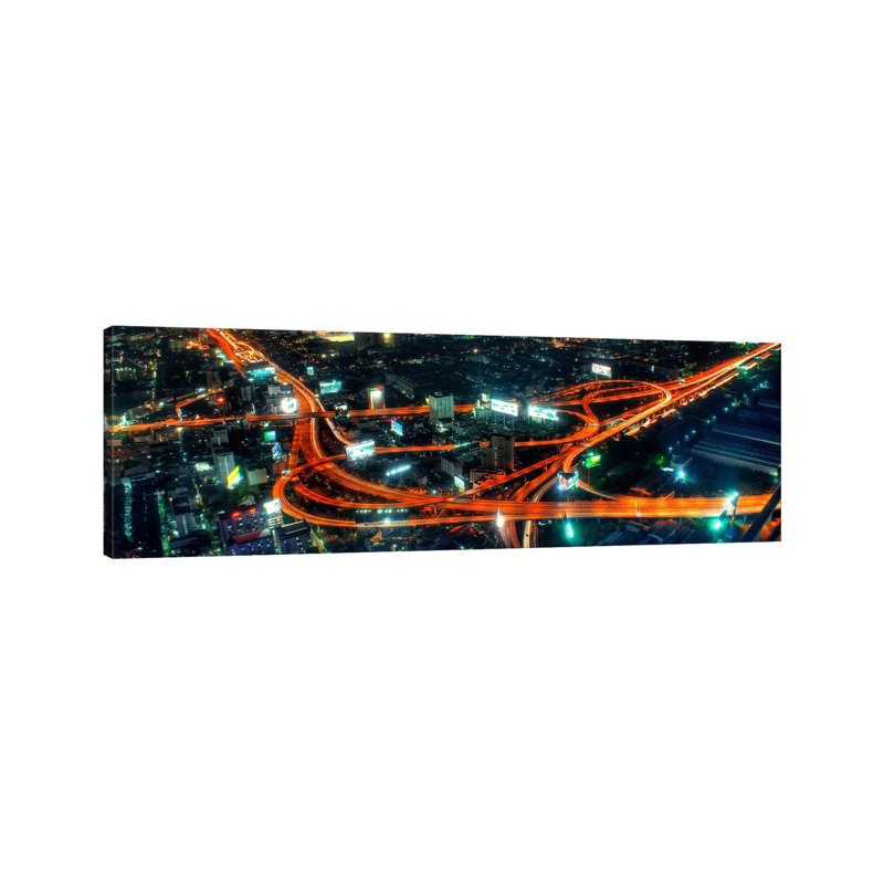 City Life At Night Skyline Cityscape - Wrapped Canvas Panoramic Print