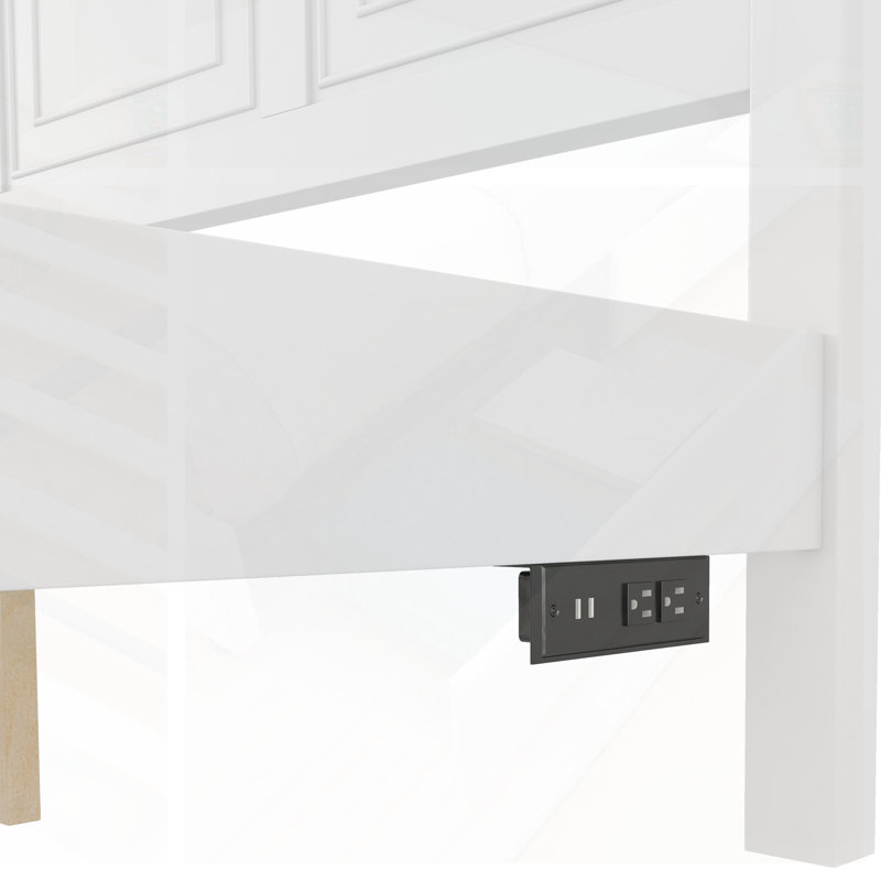 Très grand lit avec tête de lit haute, pied de lit, charge USB et structure en pin renforcé pour plus de durabilité, Blanc