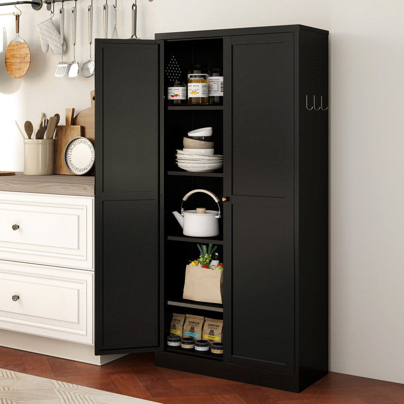 Rangement réglable pour garde-manger de 61 po en métal noir avec 4 tablettes, organisateur de garde-manger autoportant robuste pour la cuisine, le garde-manger et le salon