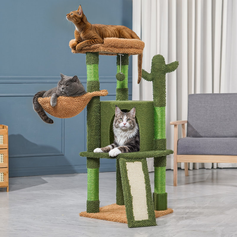 42" Cactus Cat Tree Condo, Multi-Level Tower with Scratching Posts, Perch, Ramp and Hammock for Cats