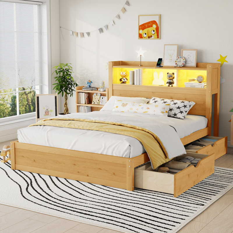 Lit double en bois avec tête de lit, lumière DEL, douille, tiroirs sous le lit et armoire de rangement coulissante, cadre de lit plateforme multifonctionnel