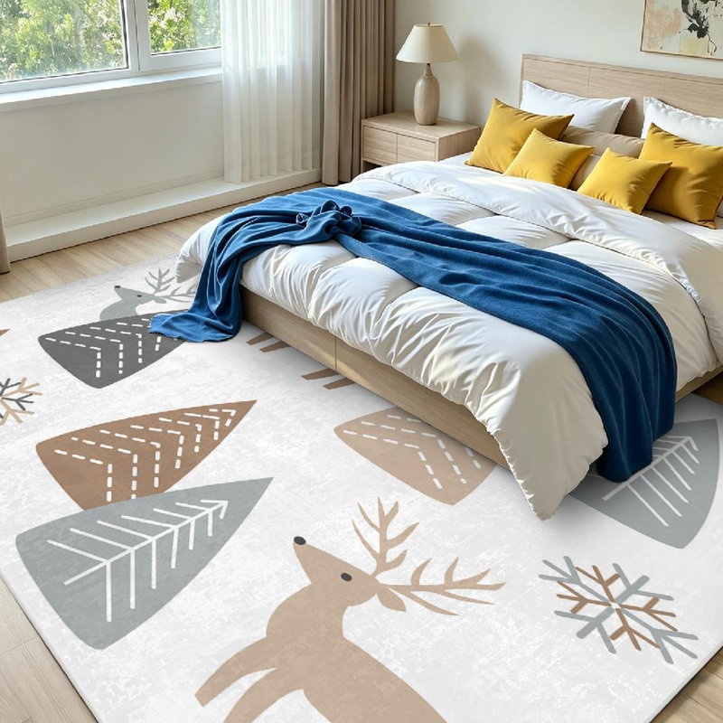 Tapis d'intérieur blanc à motif de renne lavable à la machine avec motif cerf, Rectangle 79 po x 118 po