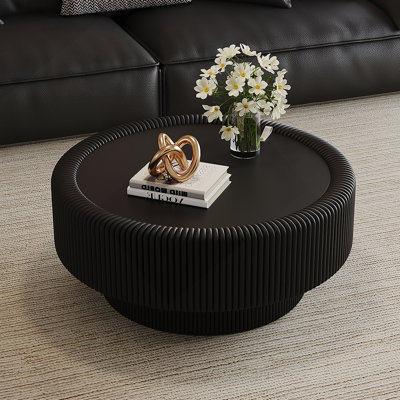 31.5" Fluted Round Storage Coffee Table - Tempered Glass Top & Premium Leather Wrapped, Modern Black Coffee Table With Hidden Storage For Living Room