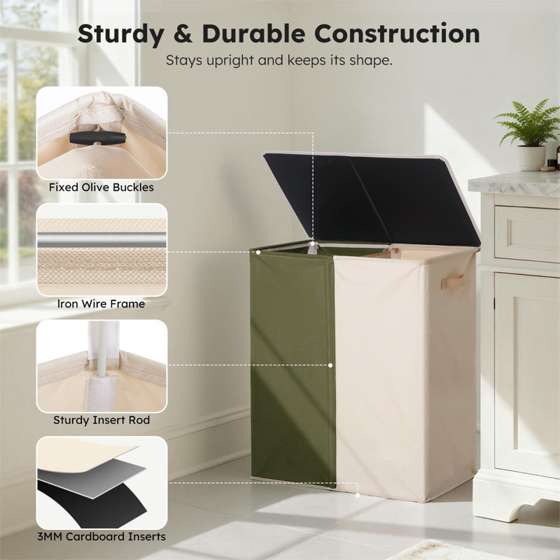 Large Double Laundry Hamper With Lid, Collapsible Clothes Hamper 2 Section With Removable Bags, Space-Saving Laundry Basket For Bedroom, Dorm, College