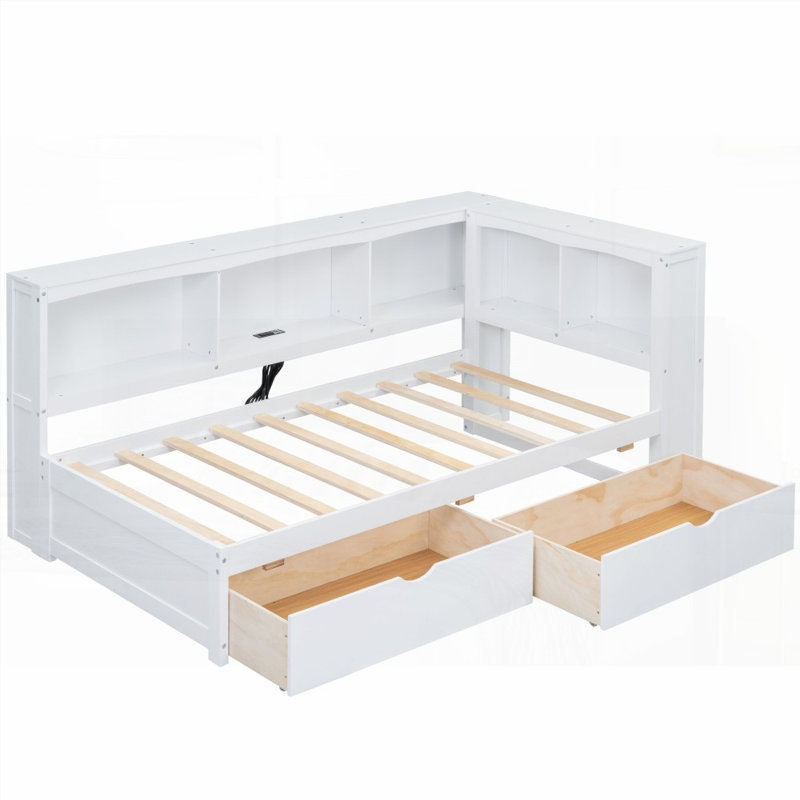Lit de jour simple avec construction solide, rangement et amp; USB - blanc, Blanc