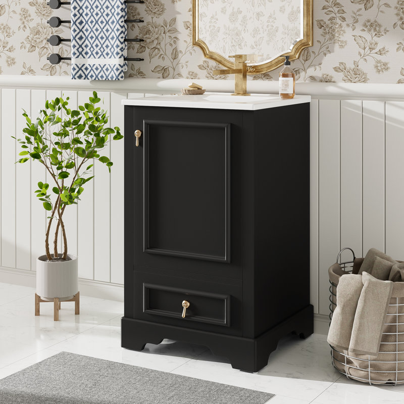 20" Single Bathroom Vanity With Ceramic Top, Black, Gold