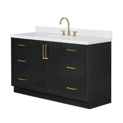 Meuble-lavabo ovale simple de 60 pouces avec comptoir en quartz blanc de Carrare de 1,5 pouce d'épaisseur, finition grise.